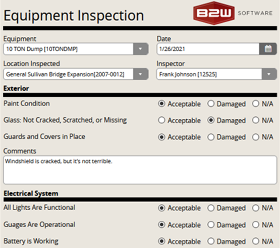 equipment inspection form