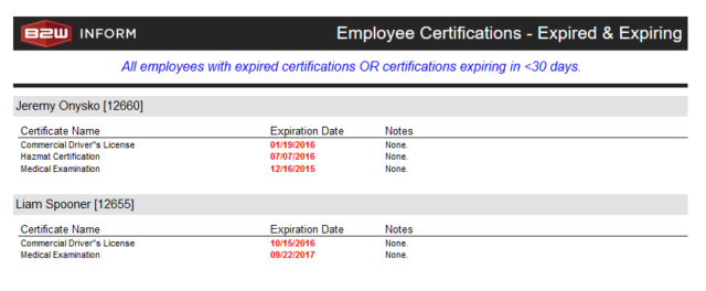 Reports can be created easily within B2W Inform to notify managers in advance of pending expiration dates.